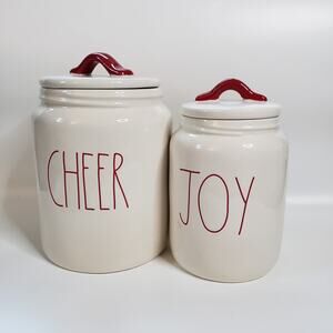 Rae Dunn NWOT Set of 2 Joy & Cheer Food Storage Kitchen Canisters Red & White